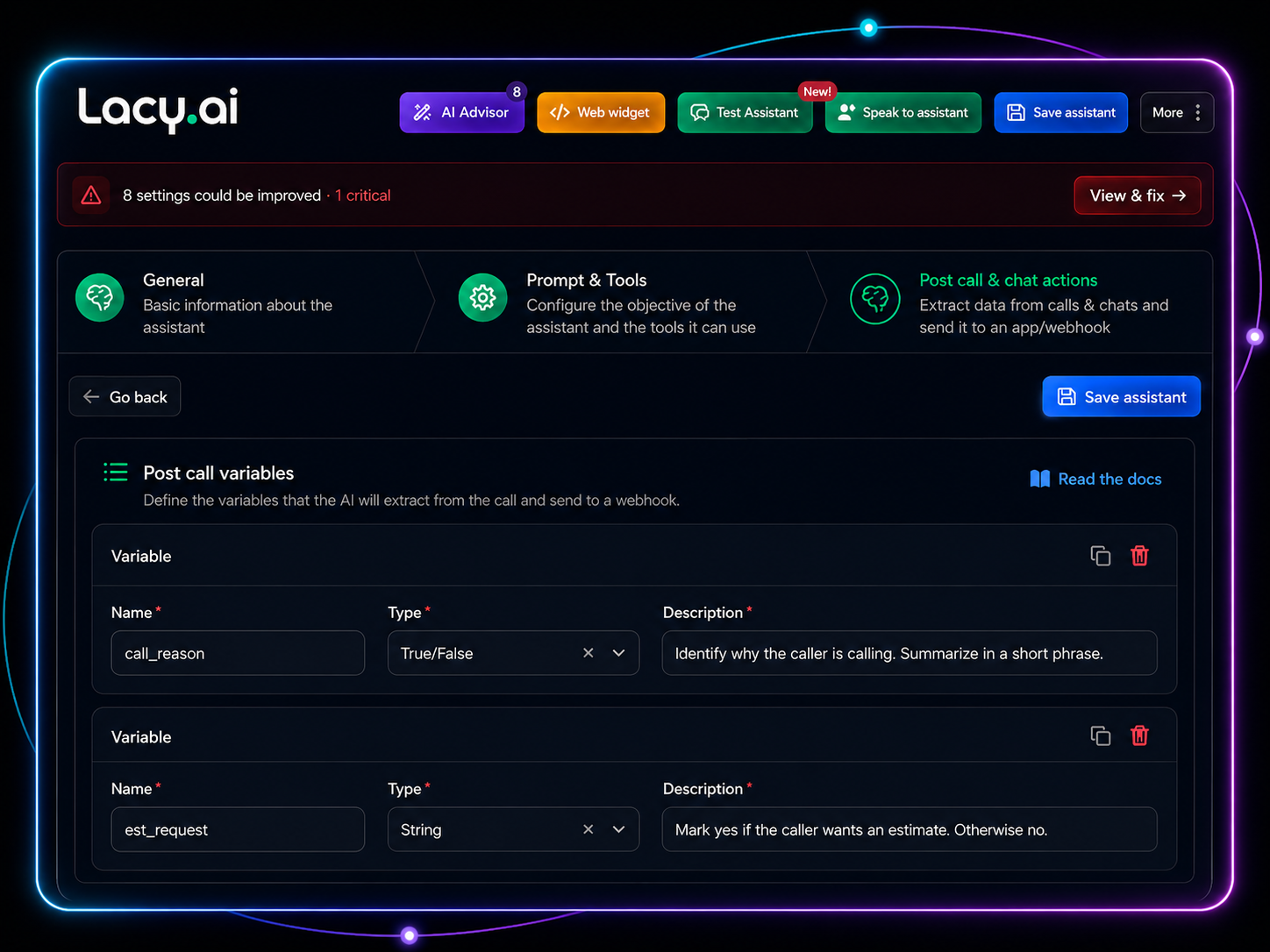 Lacy.ai post call variables dashboard showing structured customer data captured from AI phone conversations and synced into workflows
