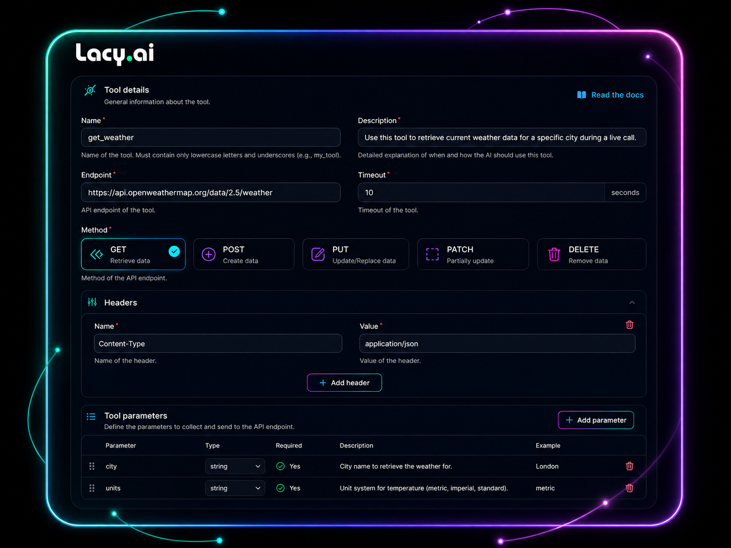 Lacy.ai mid-call tool screen for AI Phone Agent API actions
