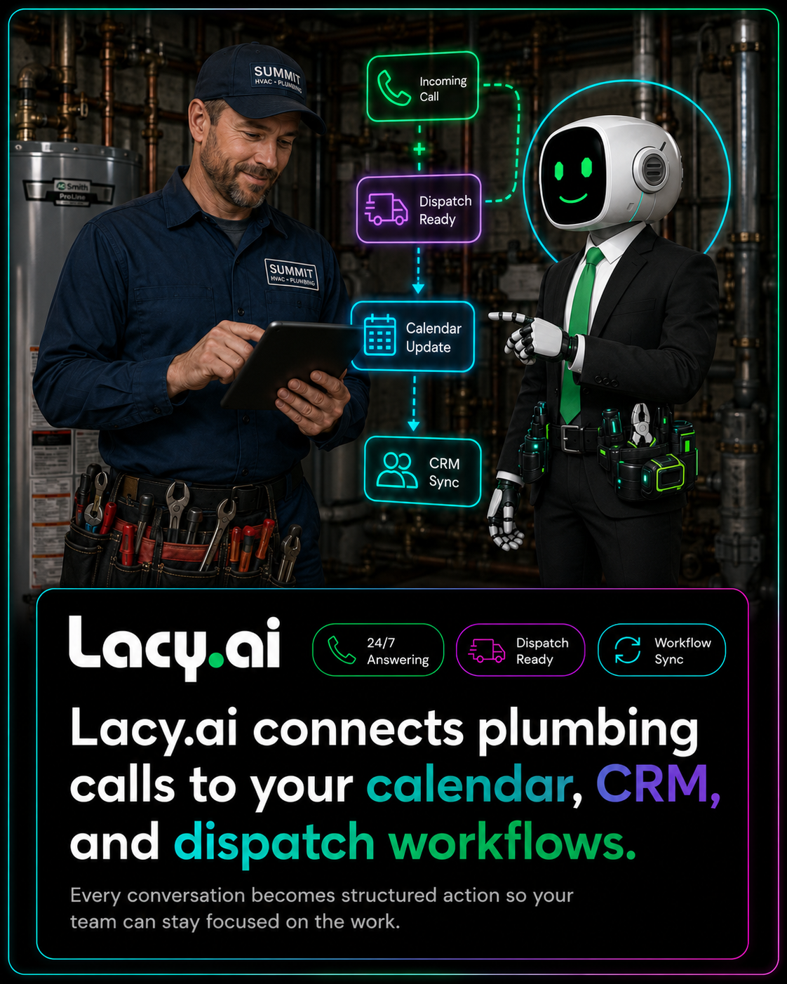 Lacy.ai home service AI call automation visual showing AI Phone Agent workflow for inbound service calls