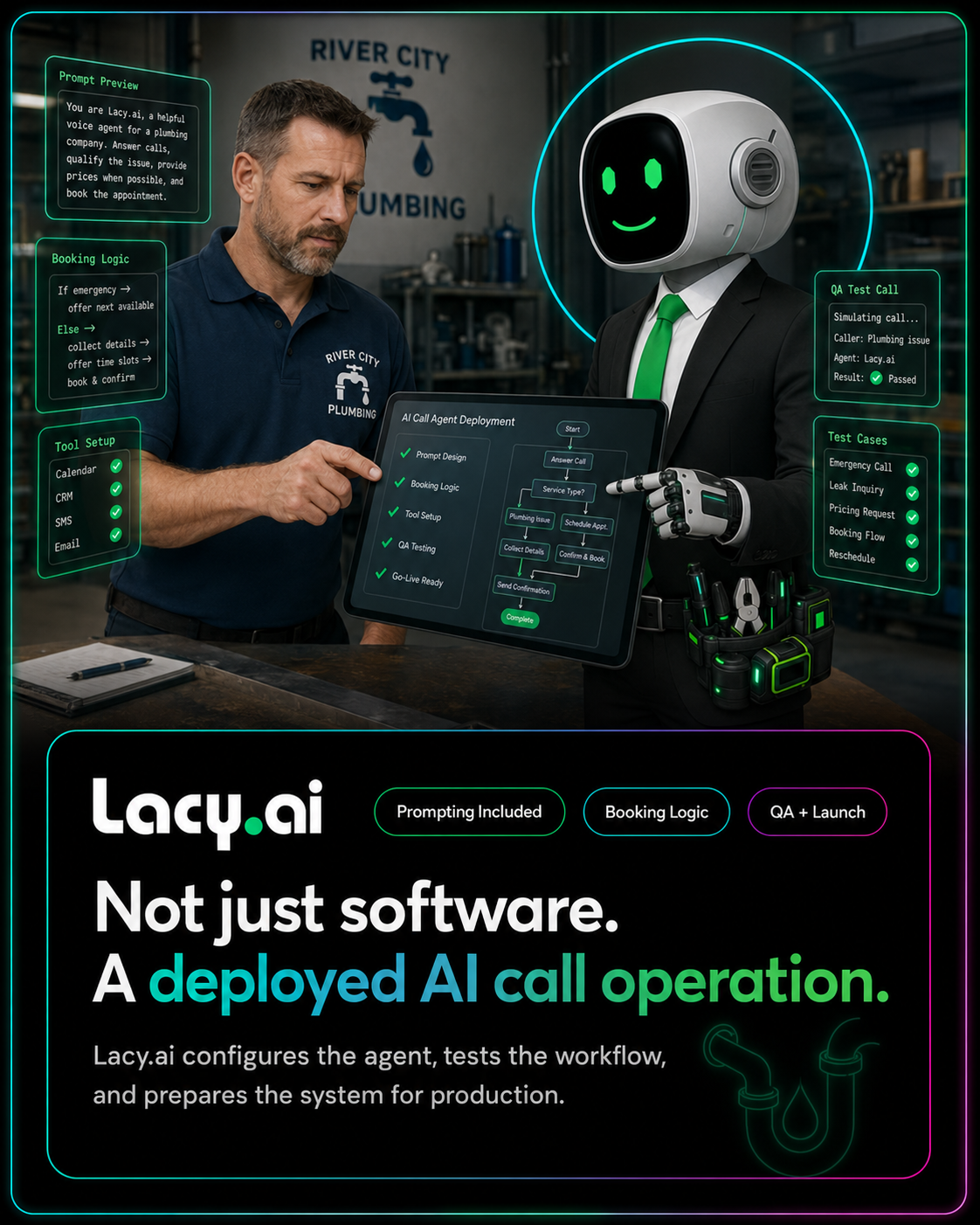 Lacy.ai AI call routing and mid-call tools visual showing service calls routed to workflows and business systems