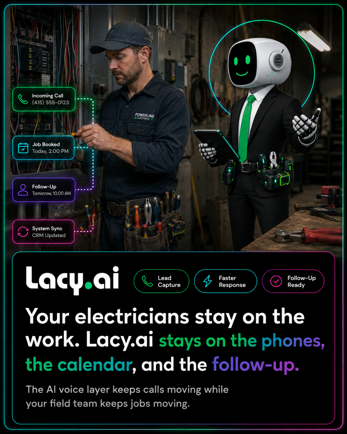 Lacy.ai AI workflow automation visual showing customer call outcomes turning into CRM updates, messages, alerts, and operations workflows