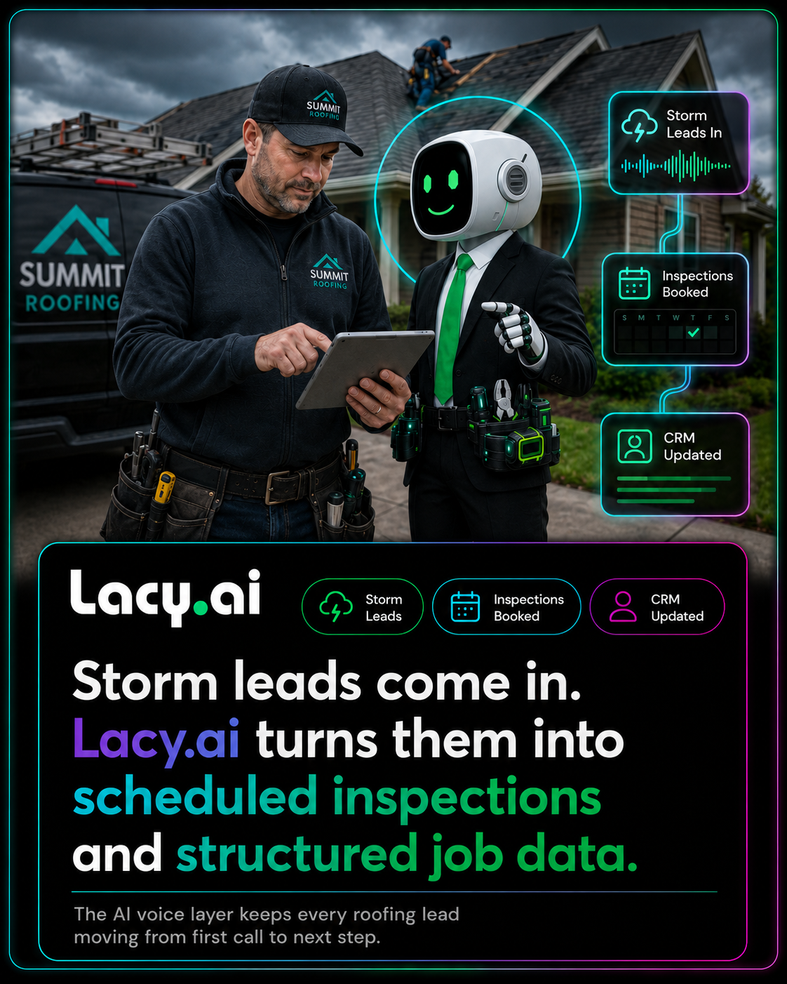 Lacy.ai real-time CRM sync visual showing AI phone call data becoming structured CRM records, workflows, and business actions