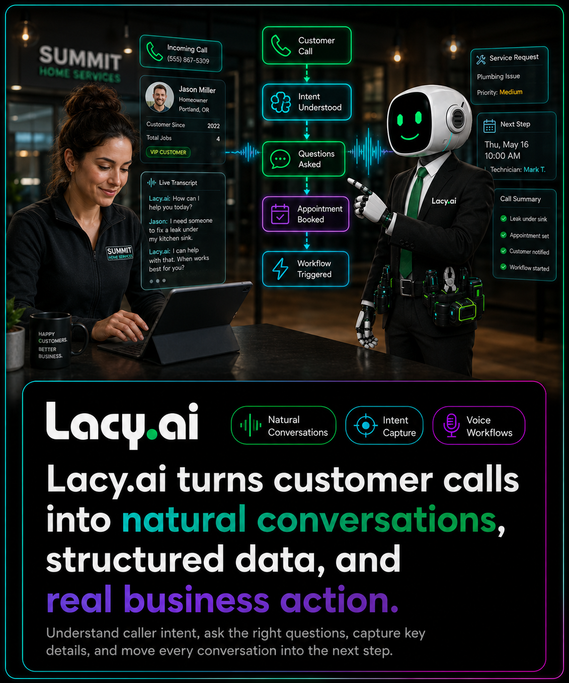 Lacy.ai conversational AI for phone calls showing a natural language AI Phone Agent turning caller intent into structured call data and workflow actions