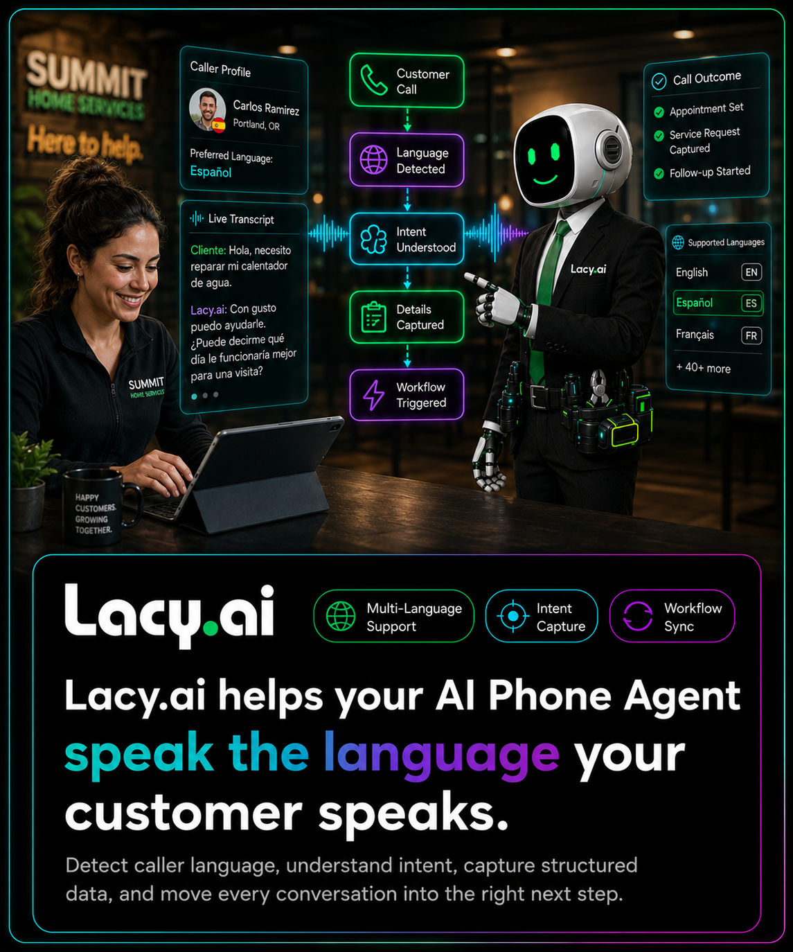 Lacy.ai multilingual AI Phone Agent support graphic showing AI voice automation across customer languages
