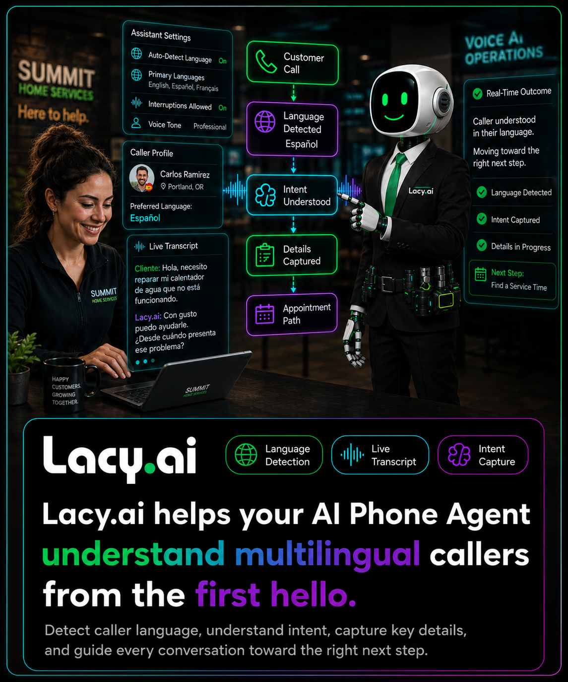 Lacy.ai workflow builder for multilingual call automation
