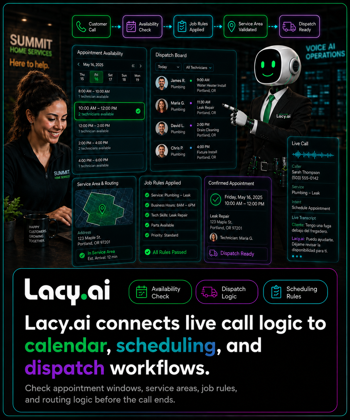 Lacy.ai Calendar and Dispatch screen showing appointment availability, dispatch routing, service areas, and job scheduling logic