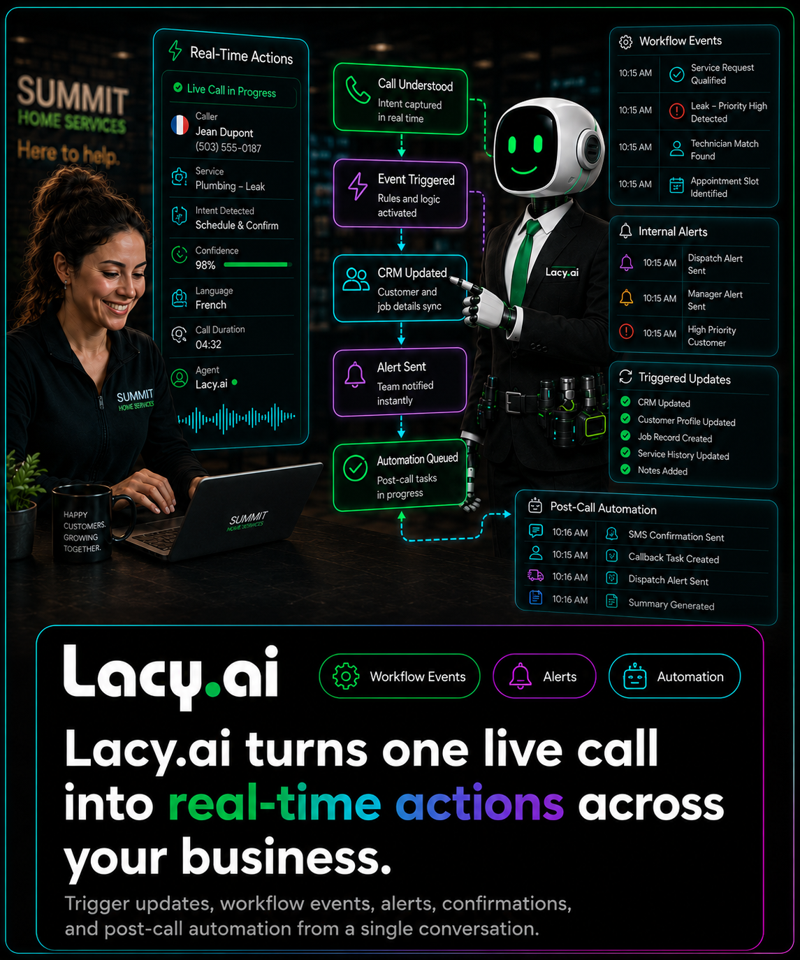 Lacy.ai CRM Lookup Logic screen showing customer record lookup, service history, account context, and live call data