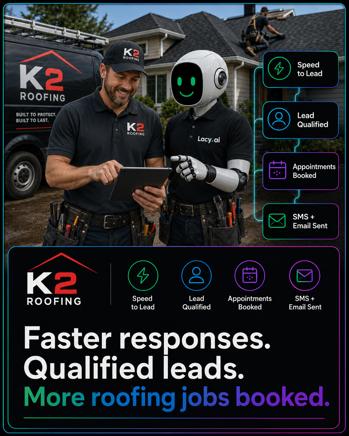 Lacy.ai AI Phone Agent helping a roofing company answer calls and book roofing jobs