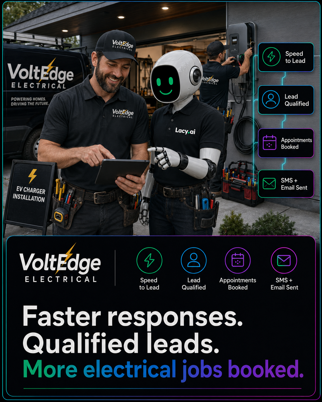 Electrical call flow visual showing Lacy.ai AI Phone Agent supporting an electrical company