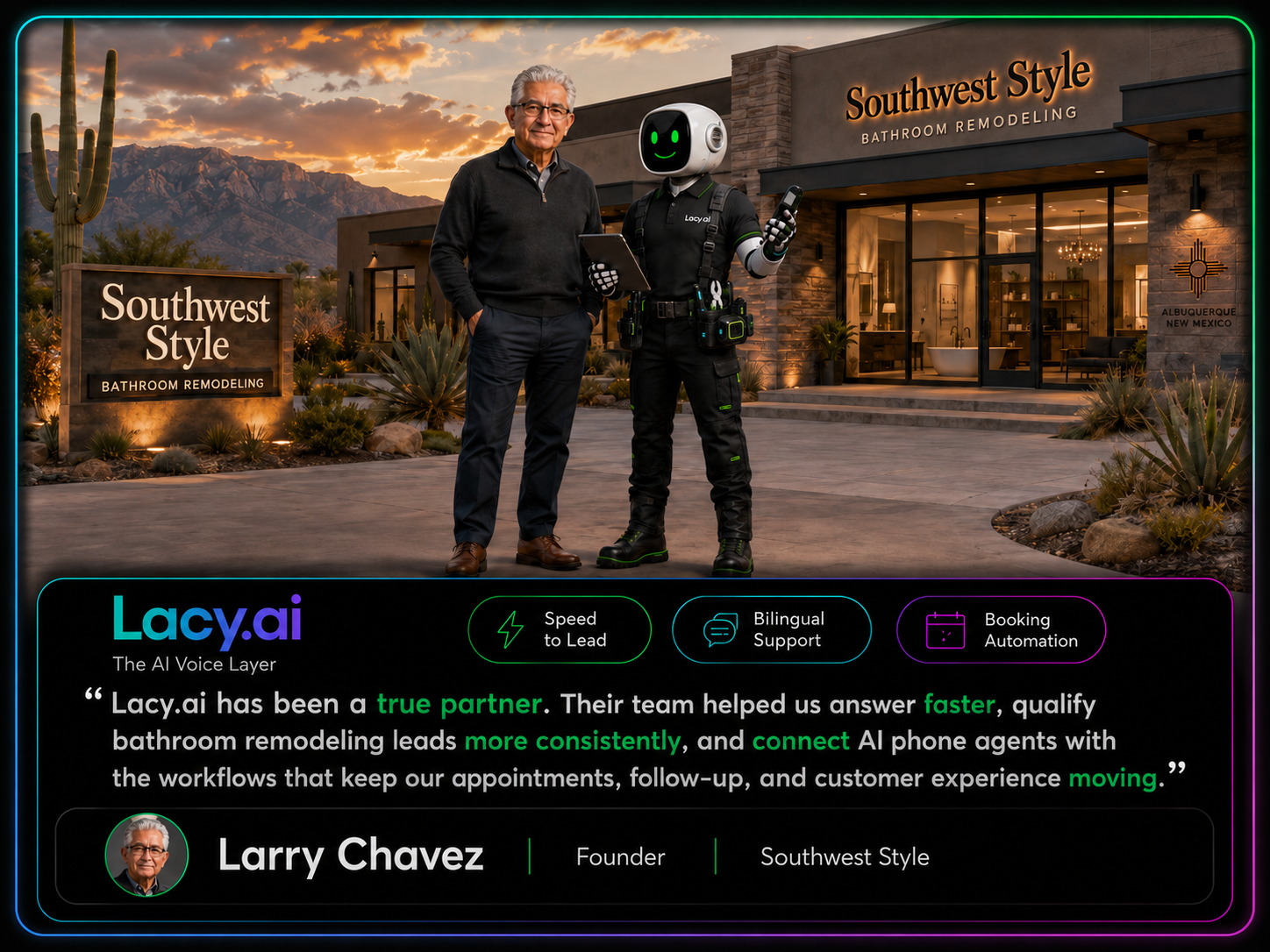 Larry Chavez, founder of Southwest Style, with the Lacy.ai robot outside a Southwest Style bathroom remodeling showroom