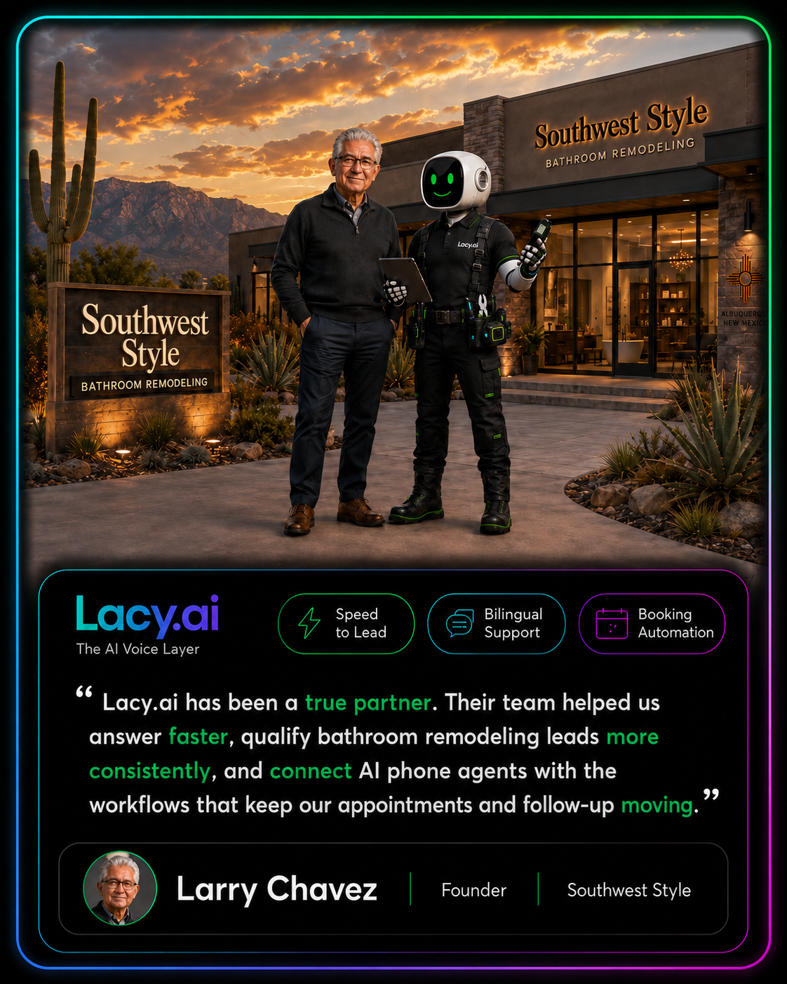 Larry Chavez and the Lacy.ai robot at Southwest Style bathroom remodeling showroom