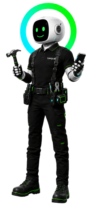 Lacy.ai robot with neon halo and trademark