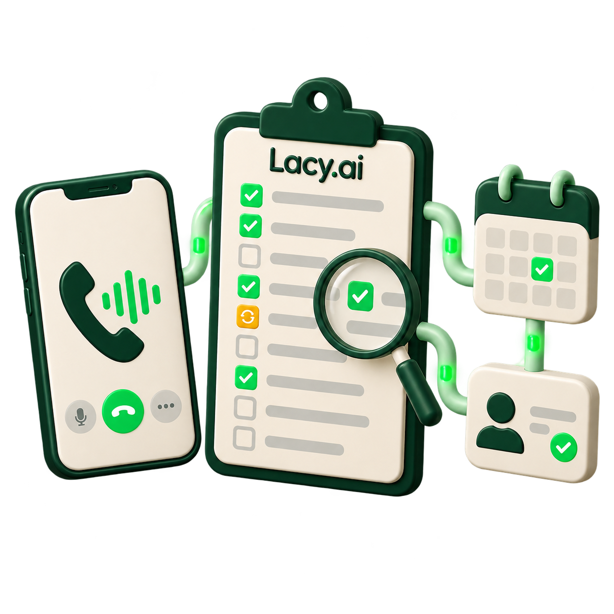 AI receptionist test call with an inspection checklist, retest marker, calendar and verified callback record