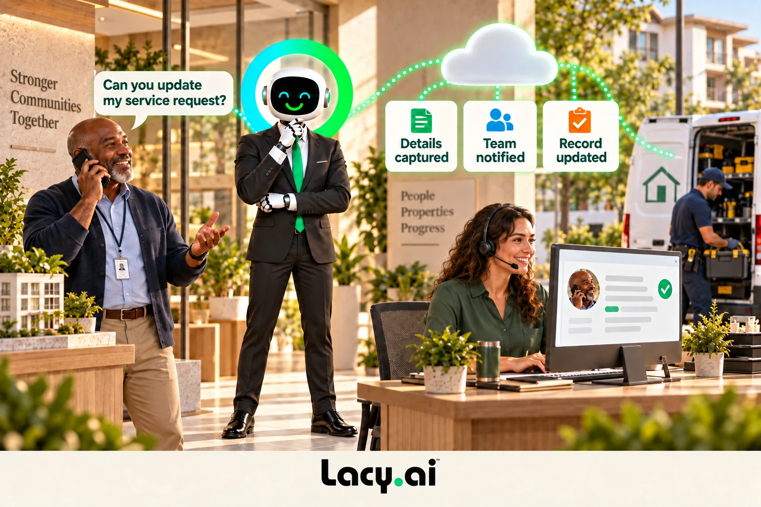 Lacy connects a service request to a prepared operations team.