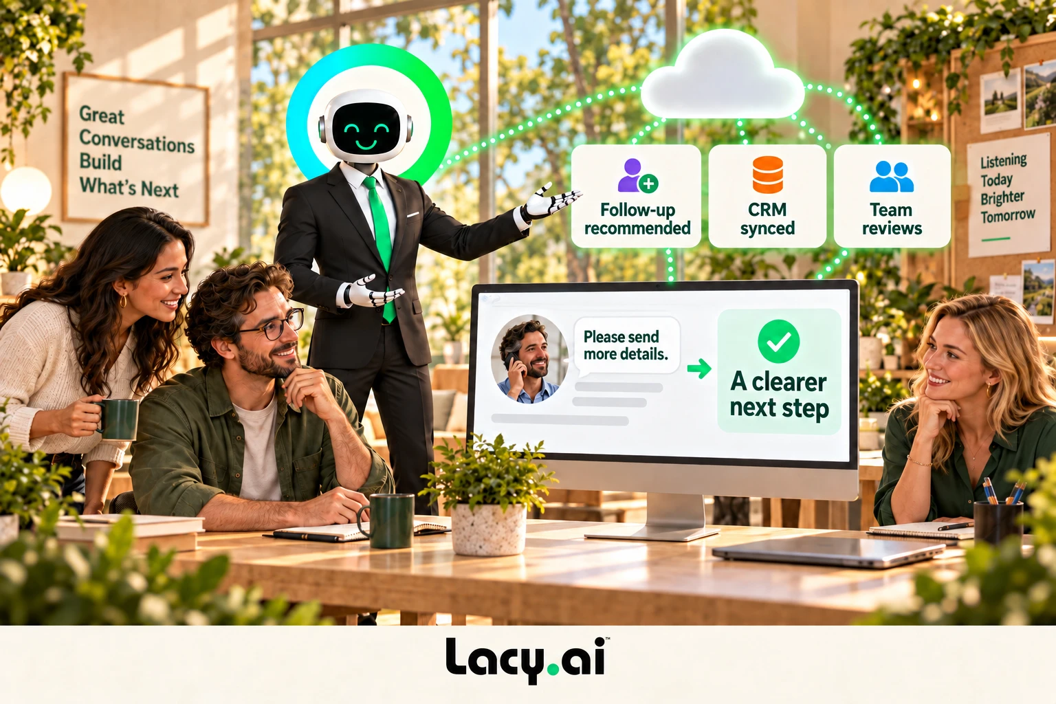 Follow-up recommended, CRM synced and team reviews.