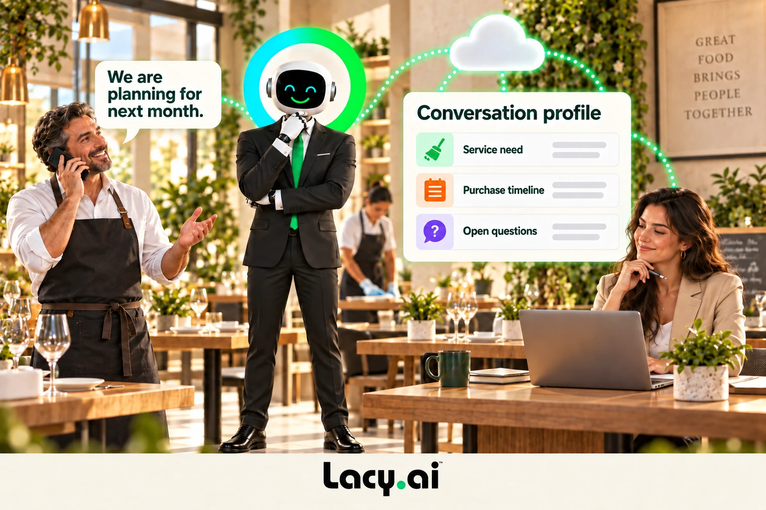 Conversation profile: service need, purchase timeline and open questions.