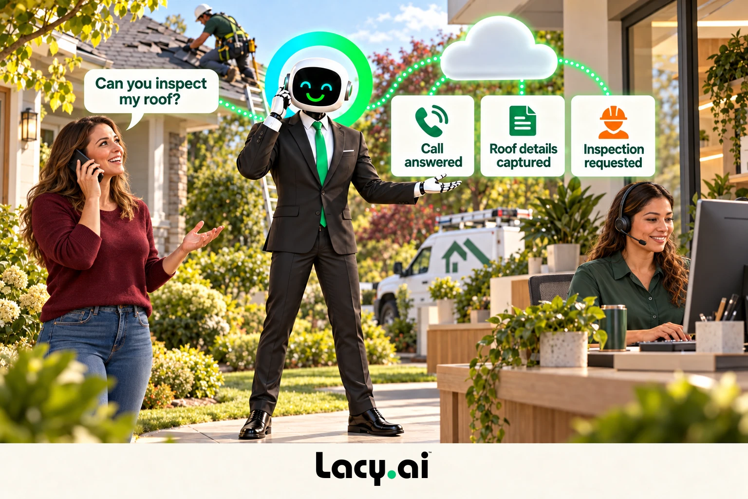 roofing hero: Lacy answers, captures the request and prepares the next step.