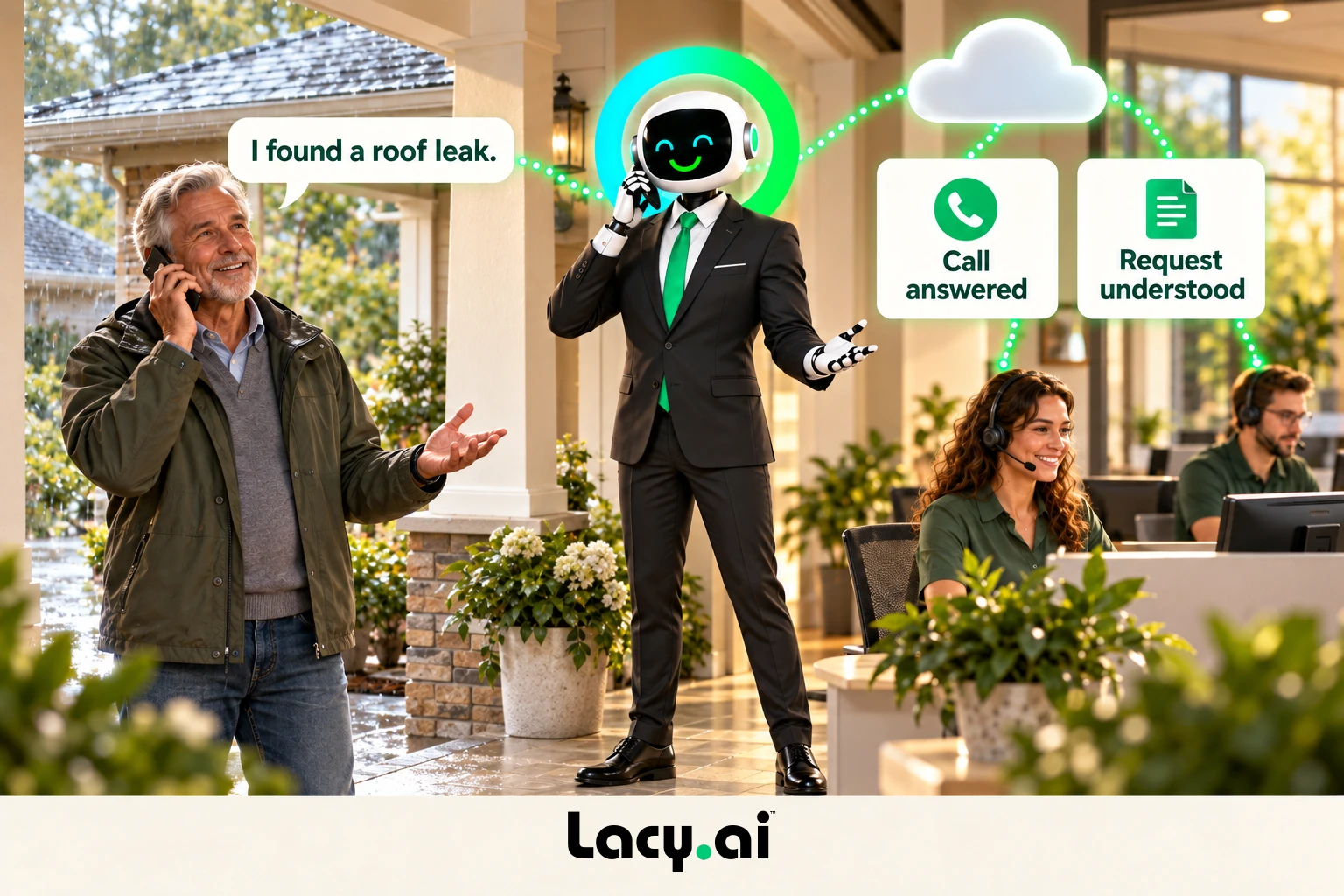 roofing answer: Lacy answers, captures the request and prepares the next step.