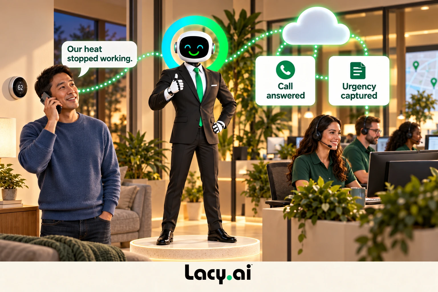 hvac answer: Lacy answers, captures the request and prepares the next step.