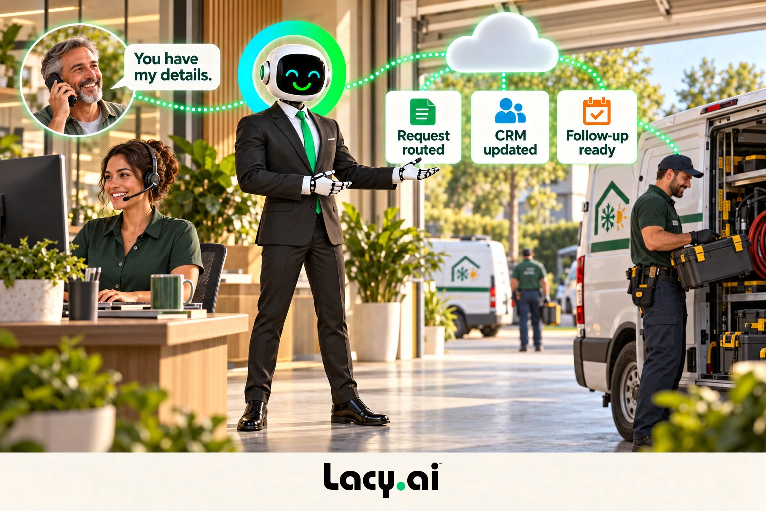 hvac action: Lacy answers, captures the request and prepares the next step.