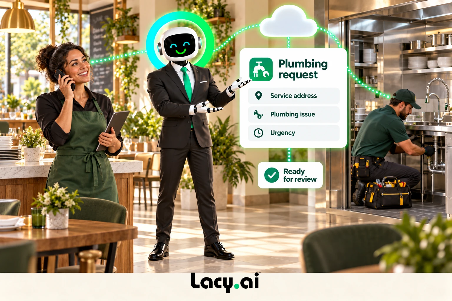 plumbing intake: smiling Lacy robot connects a customer call to service details and the next action.