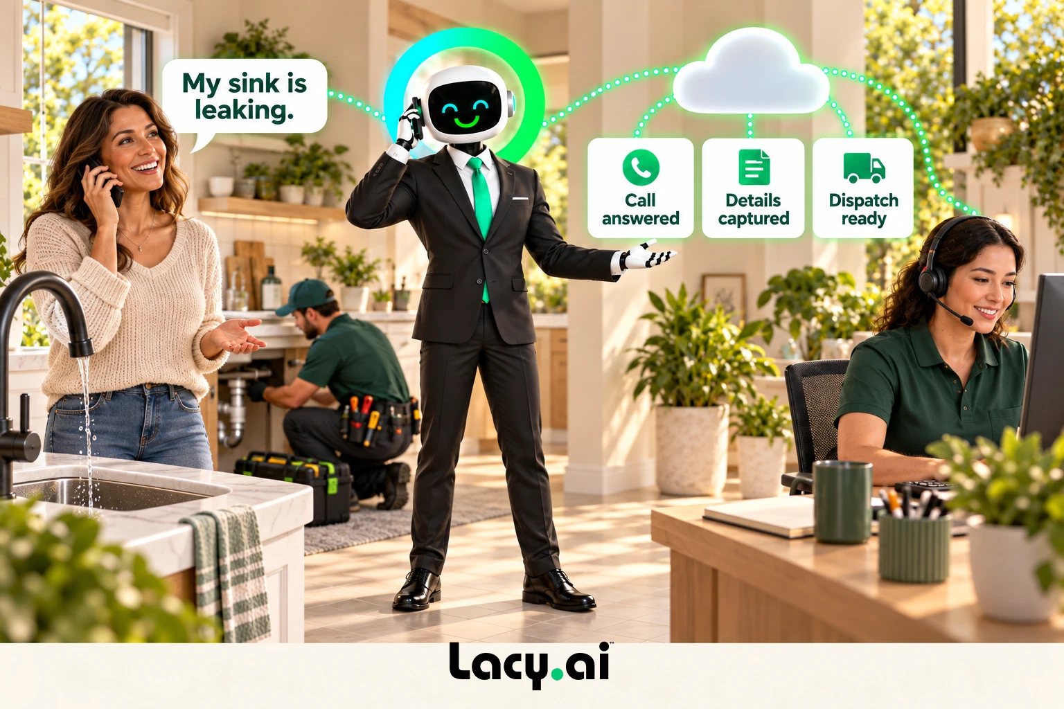 plumbing hero: smiling Lacy robot connects a customer call to service details and the next action.
