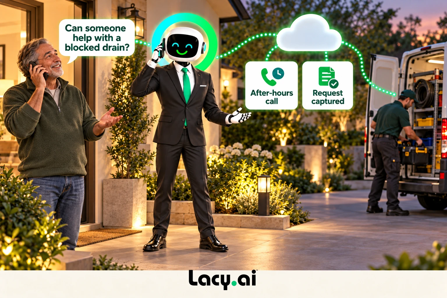 plumbing answer: smiling Lacy robot connects a customer call to service details and the next action.