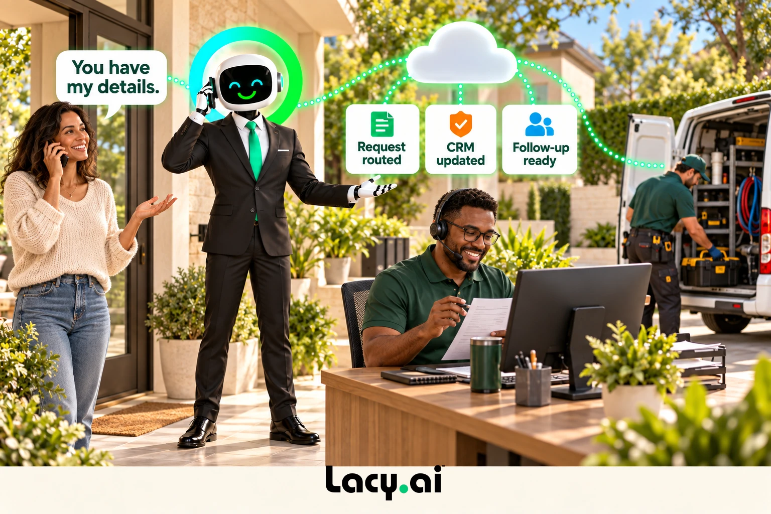 plumbing action: smiling Lacy robot connects a customer call to service details and the next action.