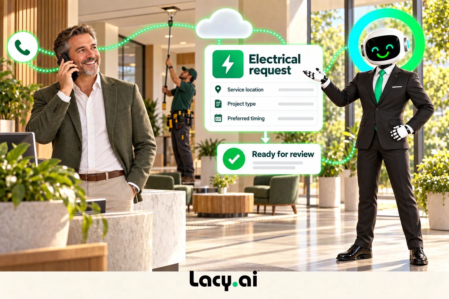 electrical intake: smiling Lacy robot connects a customer call to service details and the next action.