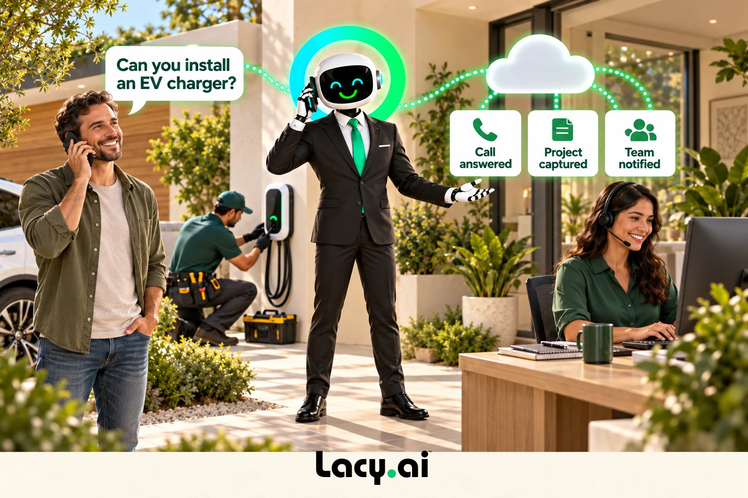 electrical hero: smiling Lacy robot connects a customer call to service details and the next action.