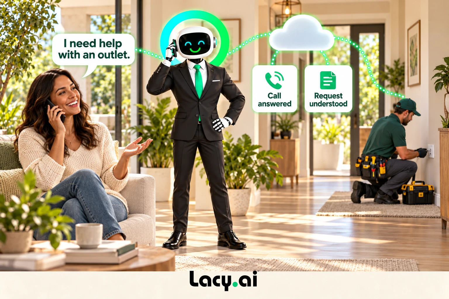 electrical answer: smiling Lacy robot connects a customer call to service details and the next action.