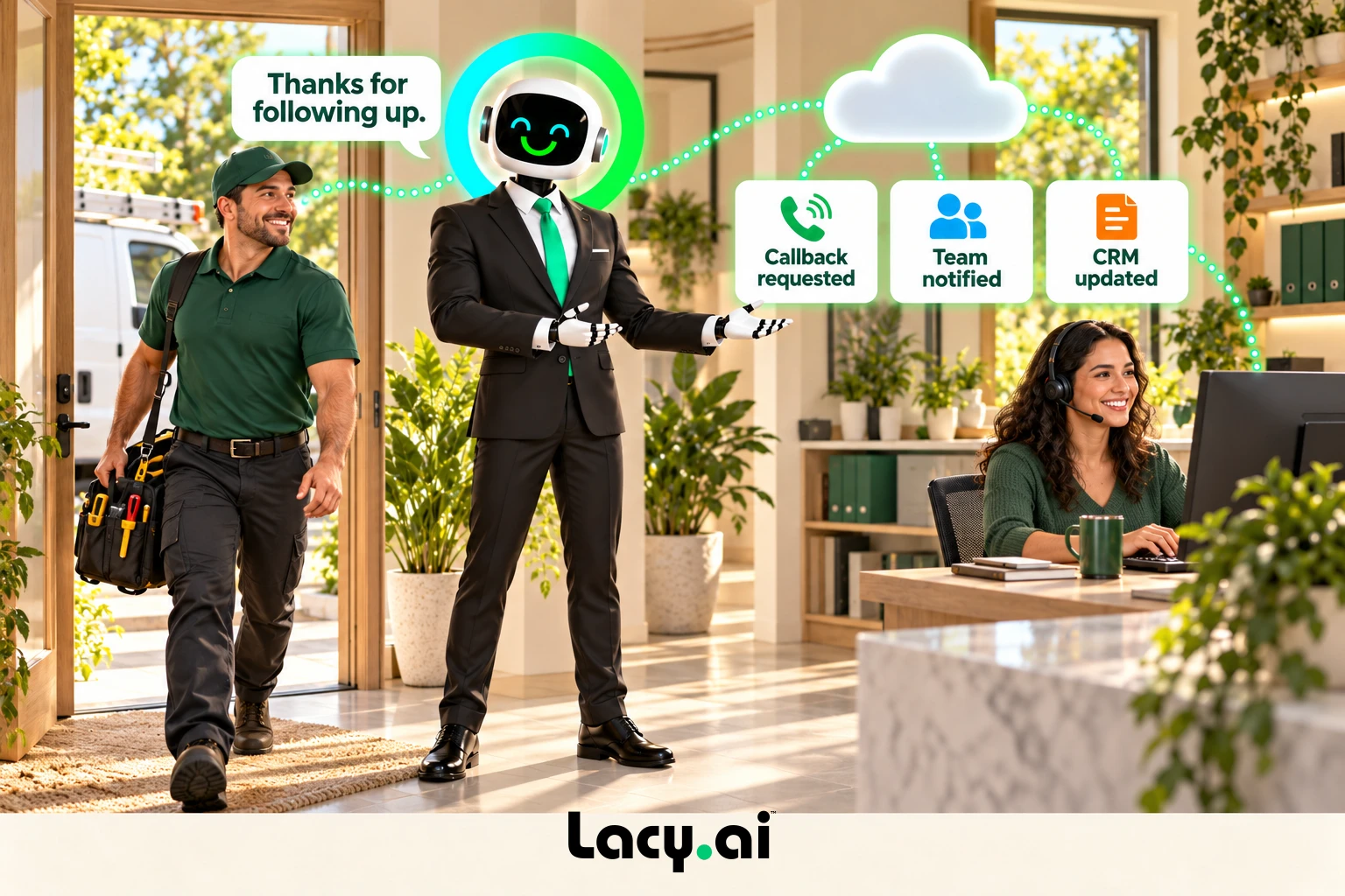 electrical action: smiling Lacy robot connects a customer call to service details and the next action.