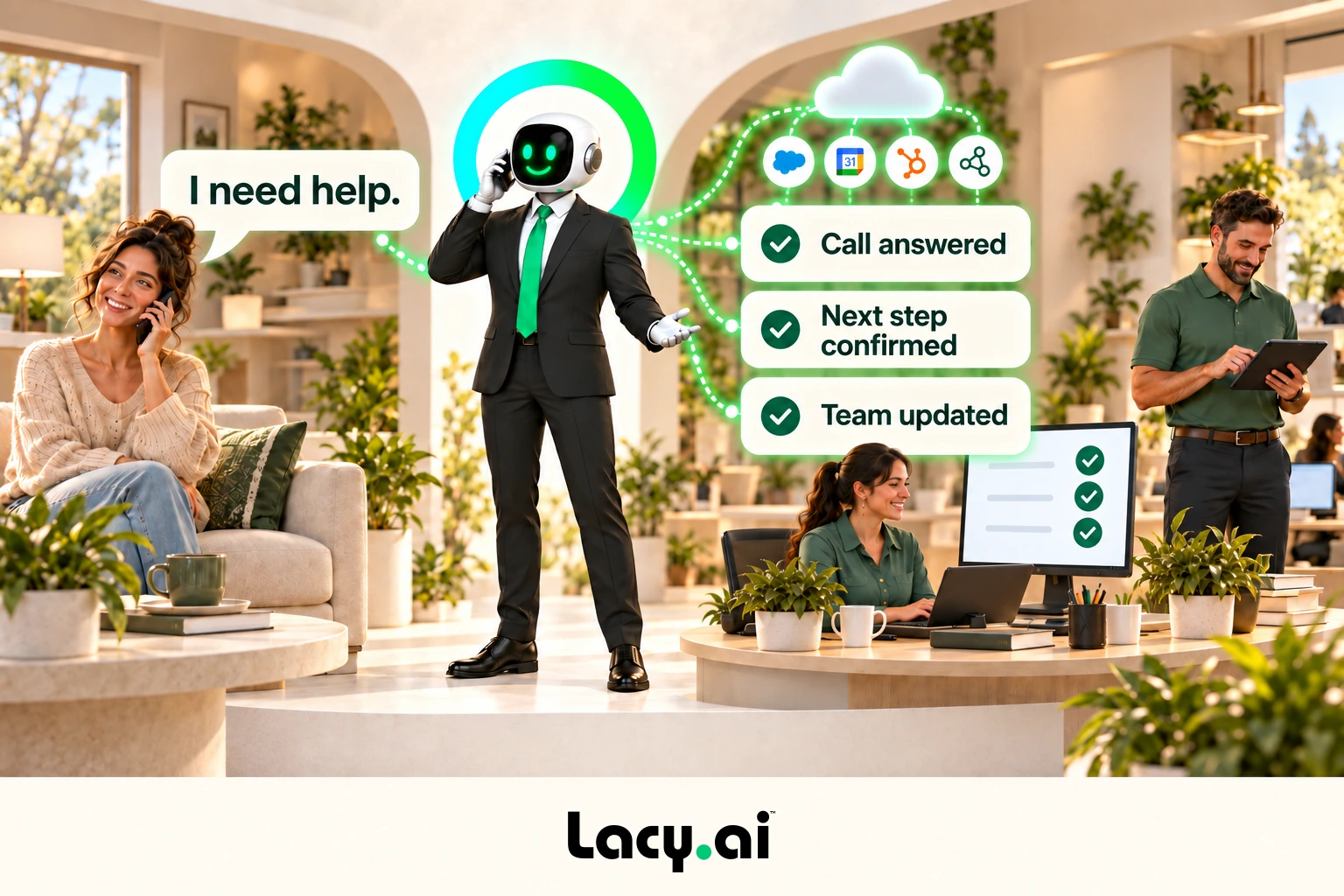 Lacy connects a customer call to a clear next step, updates the team and systems, and lets service professionals keep working.