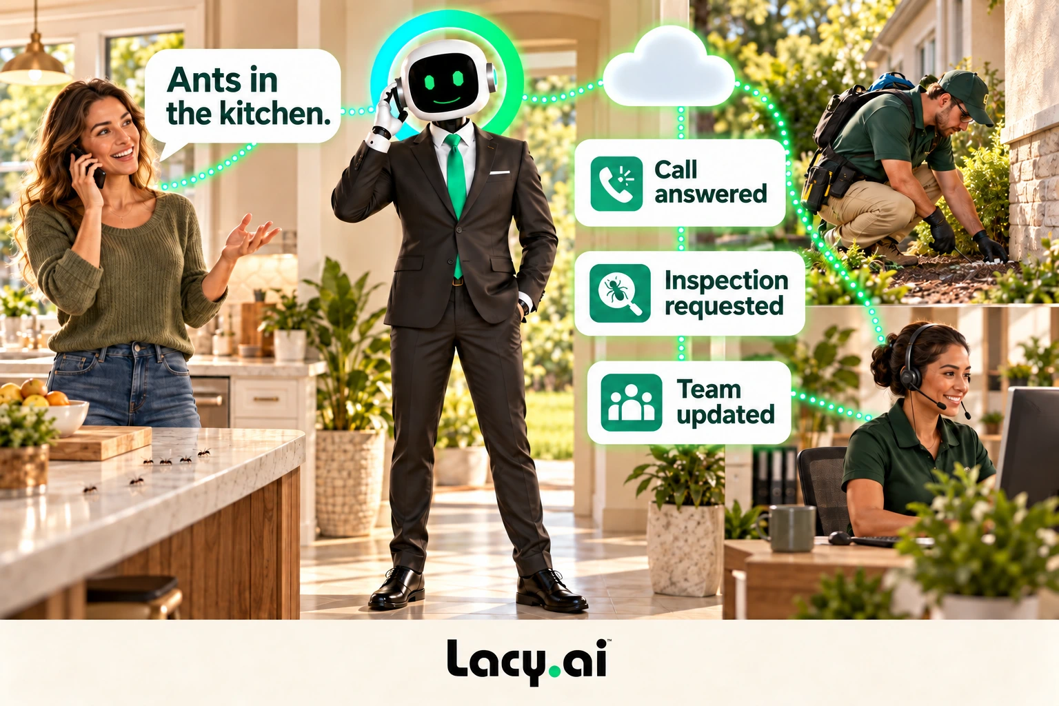 pest hero: smiling Lacy robot connects a customer call to service details and the next action.