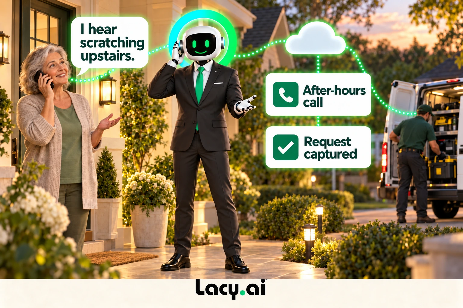 pest answer: smiling Lacy robot connects a customer call to service details and the next action.