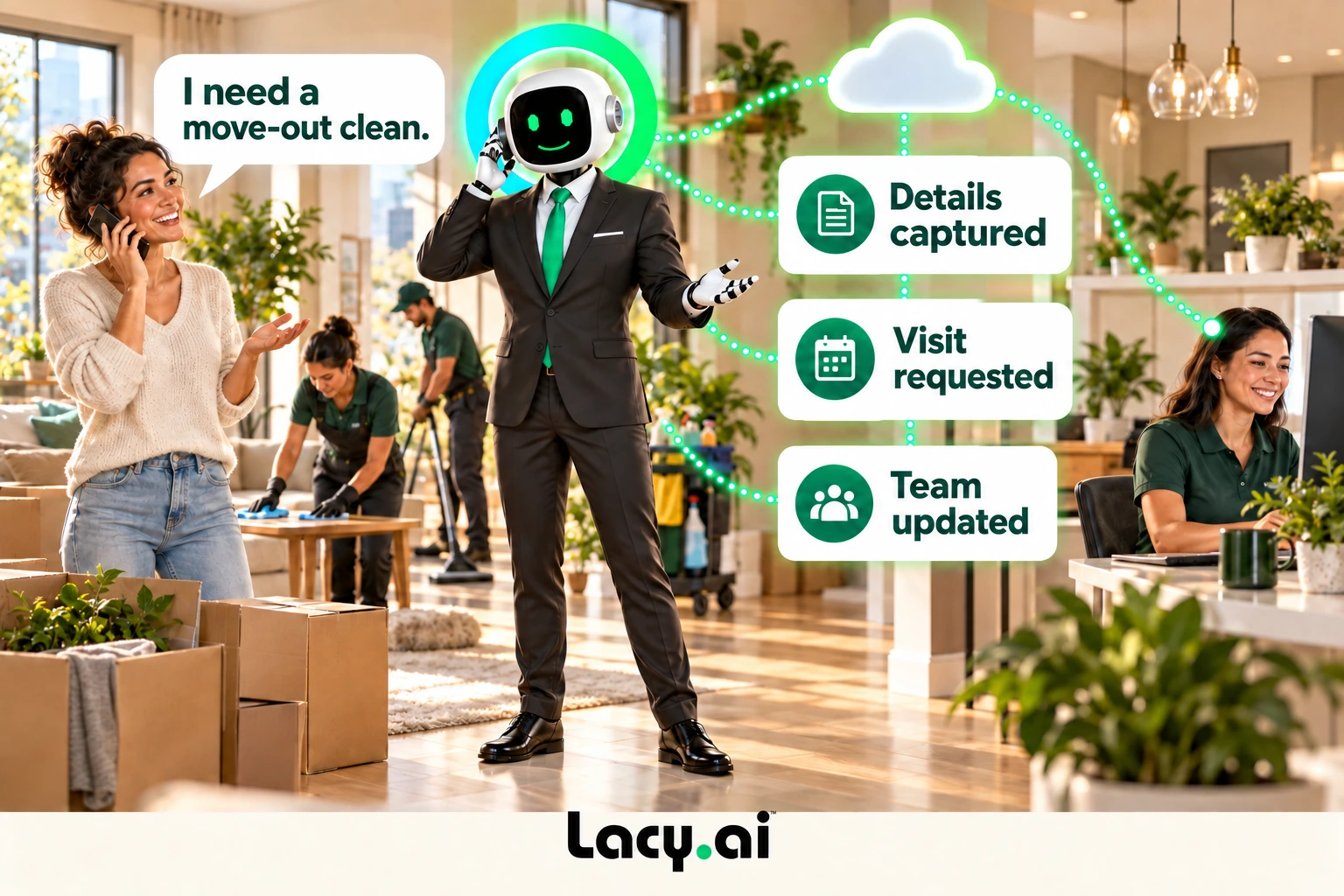 cleaning hero: smiling Lacy robot connects a customer call to service details and the next action.