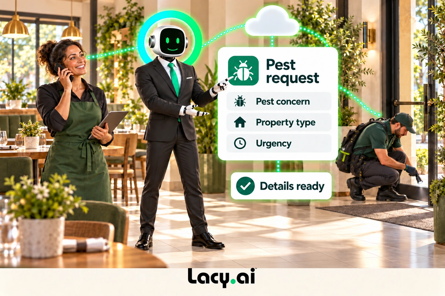 pest intake: smiling Lacy robot connects a customer call to service details and the next action.