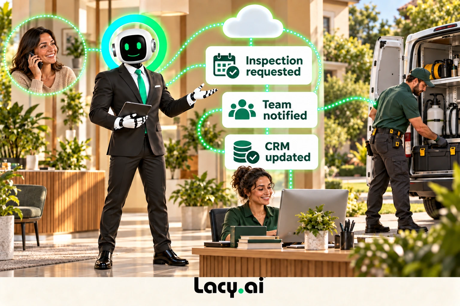 pest action: smiling Lacy robot connects a customer call to service details and the next action.
