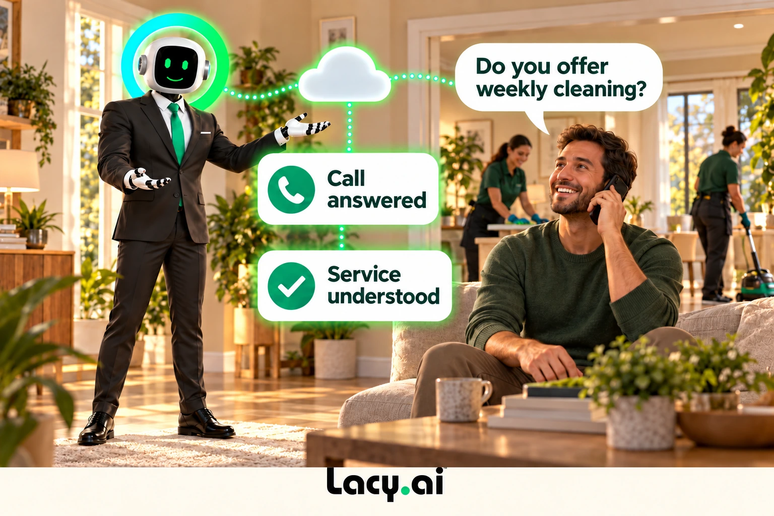 cleaning answer: smiling Lacy robot connects a customer call to service details and the next action.