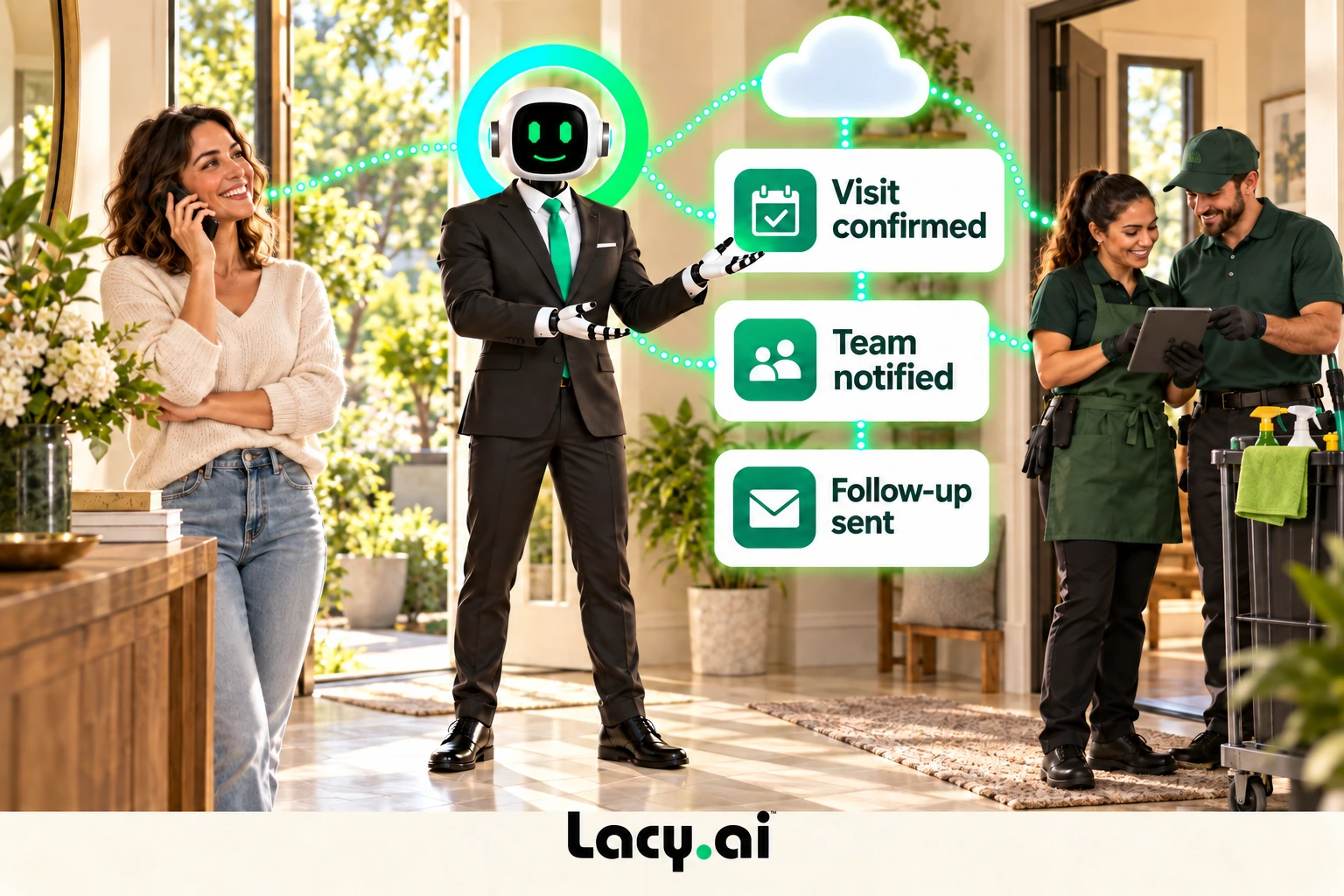 cleaning action: smiling Lacy robot connects a customer call to service details and the next action.