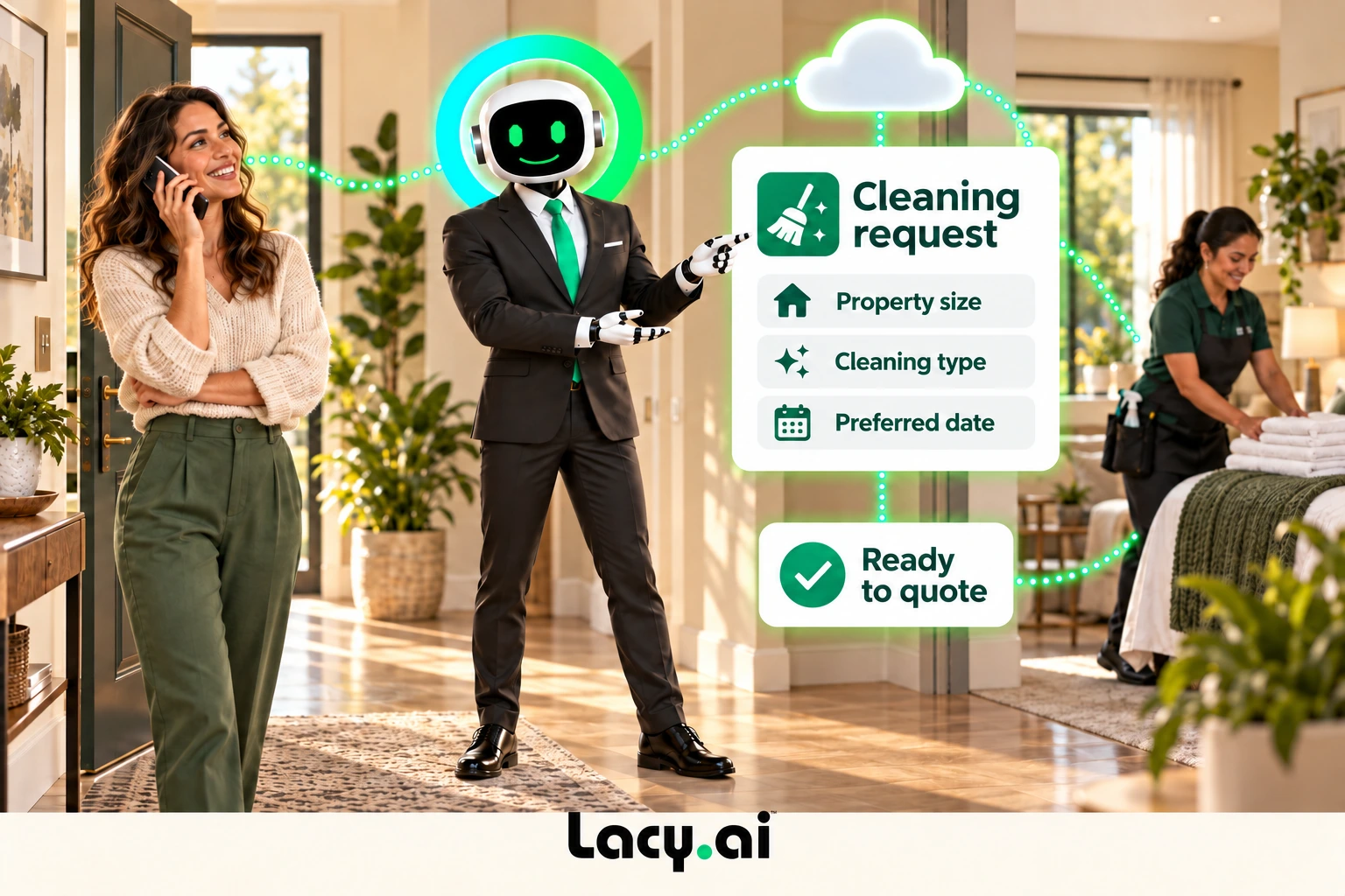 cleaning intake: smiling Lacy robot connects a customer call to service details and the next action.