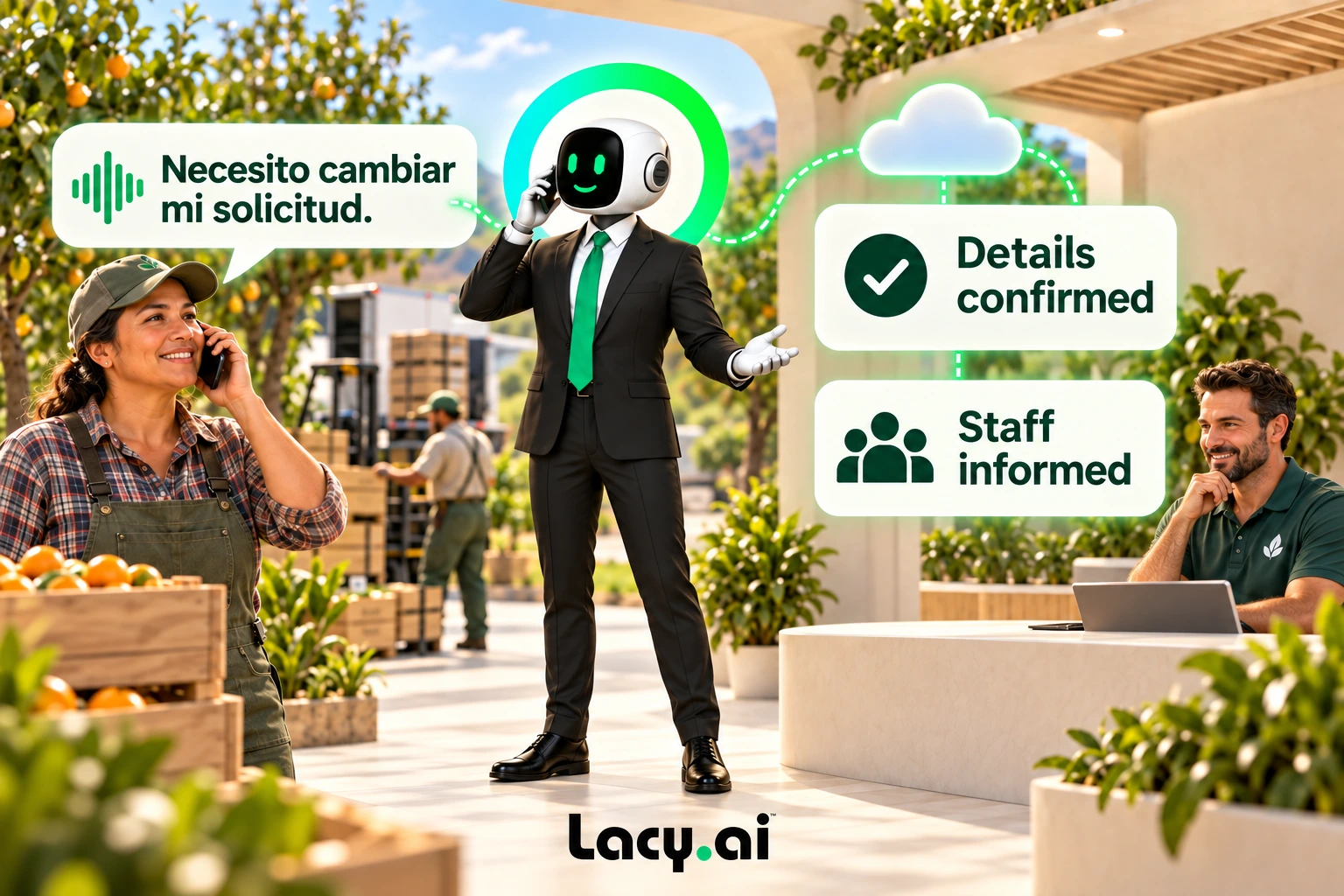 Lacy confirms a Spanish-speaking grower’s request details for district staff.