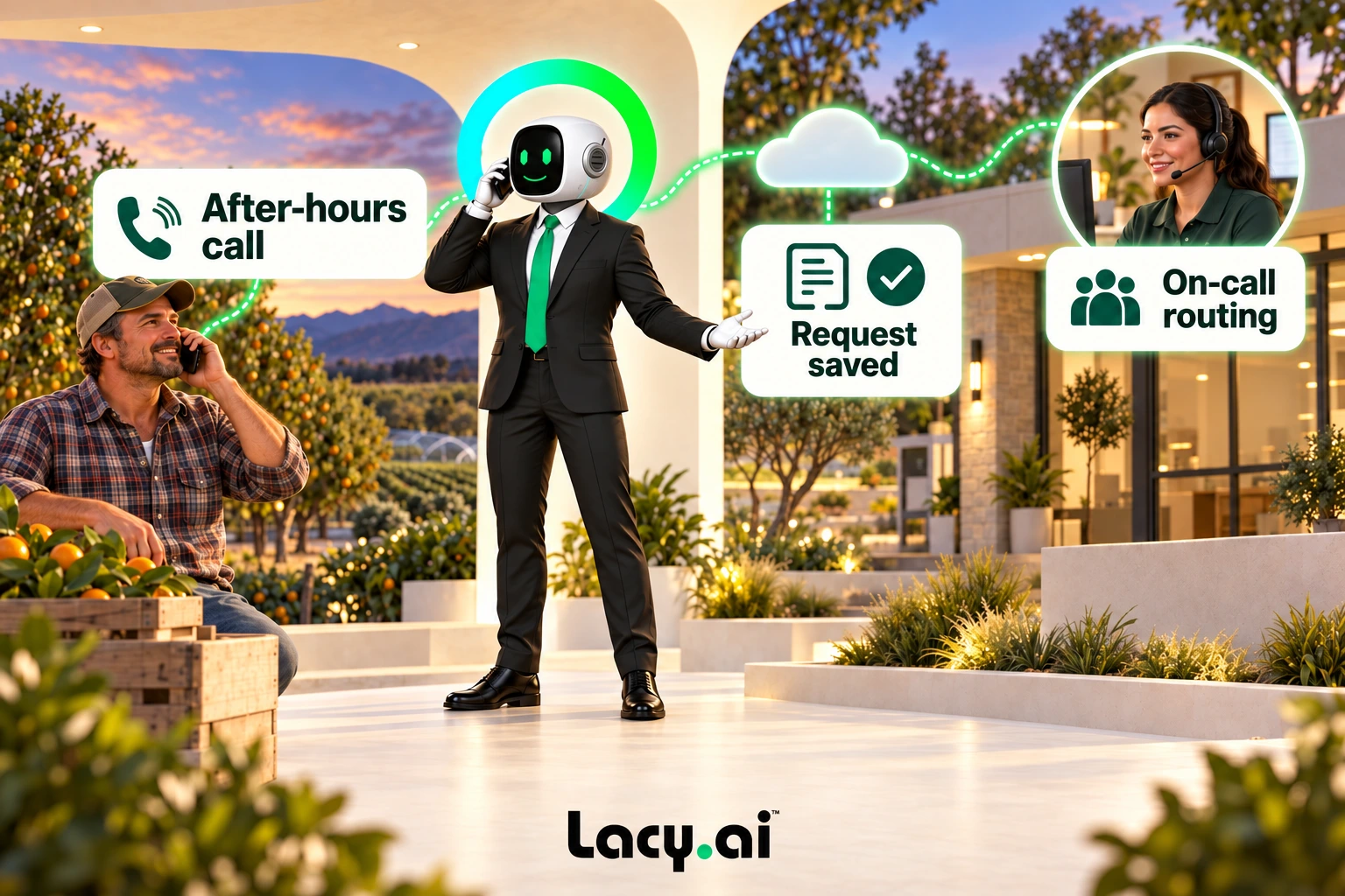 Lacy saves an after-hours irrigation request and follows configured on-call routing.