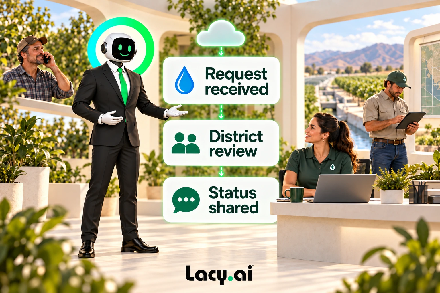 Lacy prepares a water request for district staff review and communicates the configured status.