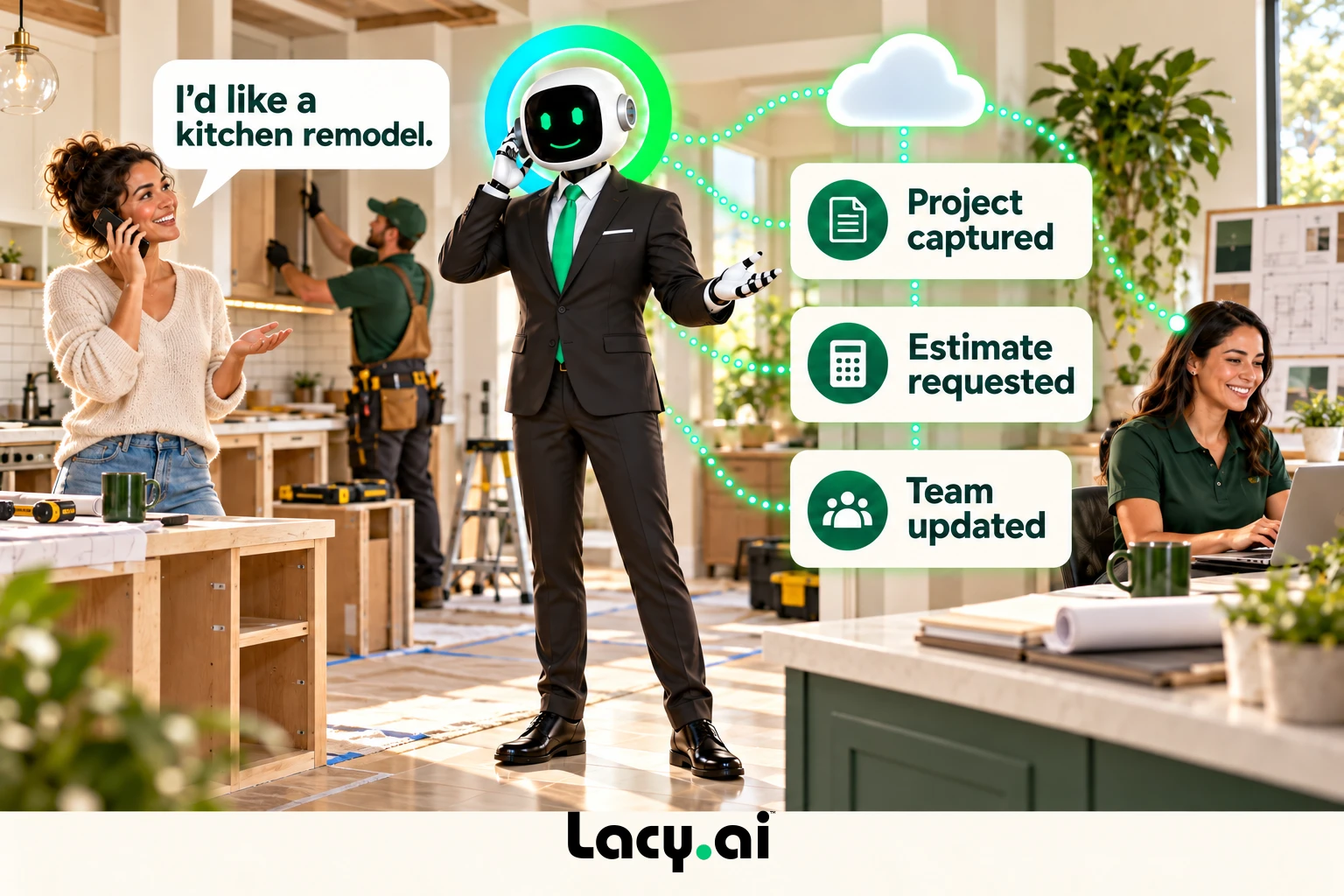 improvement hero: smiling Lacy robot connects a customer call to service details and the next action.