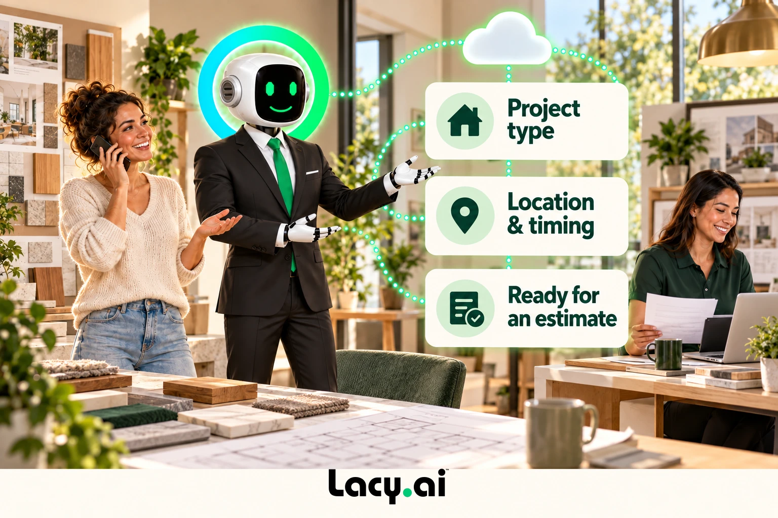 improvement intake: smiling Lacy robot connects a customer call to service details and the next action.