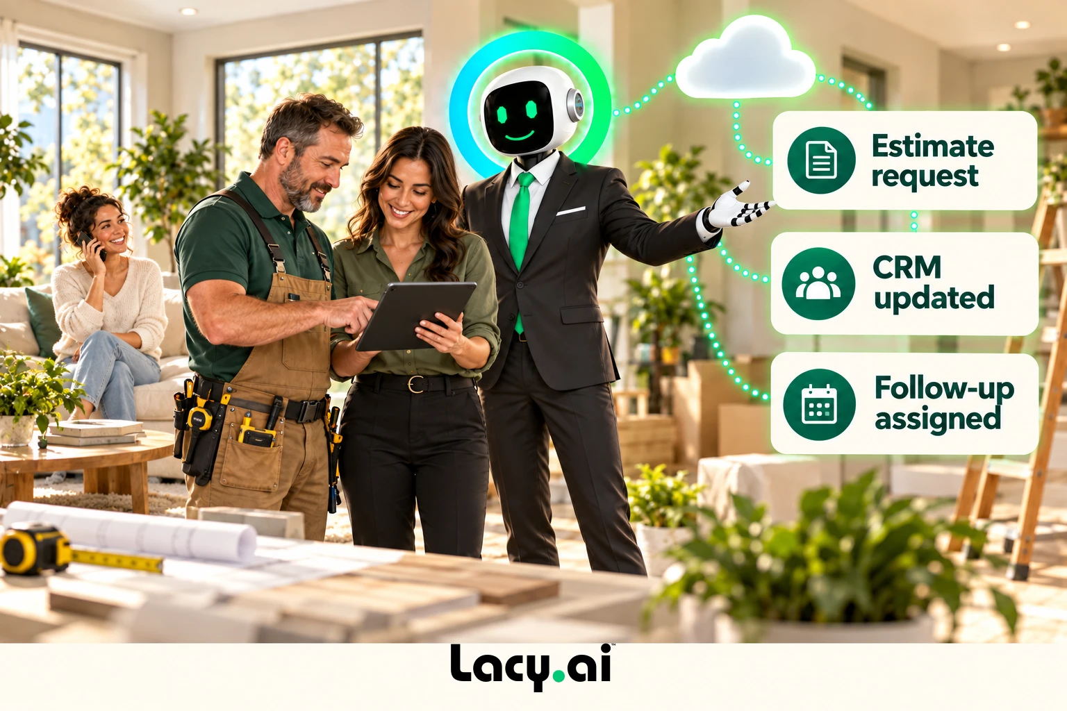 improvement action: smiling Lacy robot connects a customer call to service details and the next action.