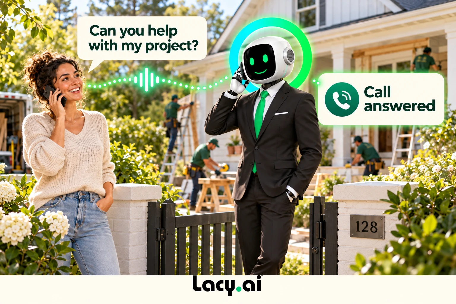 improvement answer: smiling Lacy robot connects a customer call to service details and the next action.
