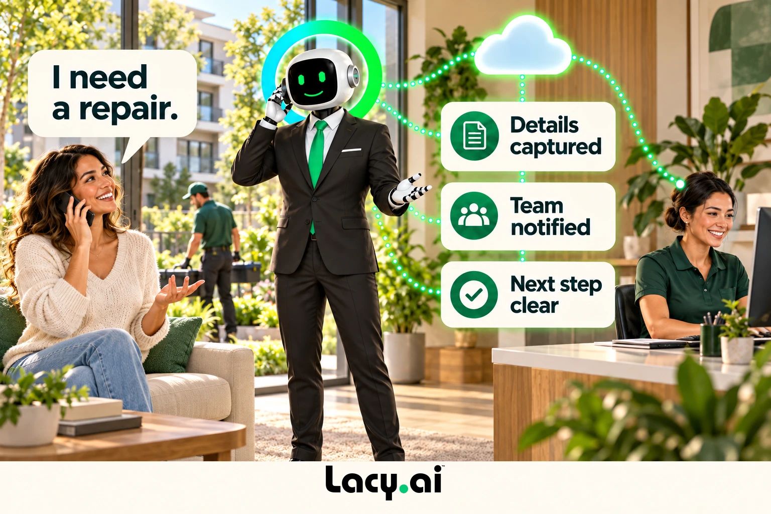 property hero: smiling Lacy robot connects a customer call to service details and the next action.