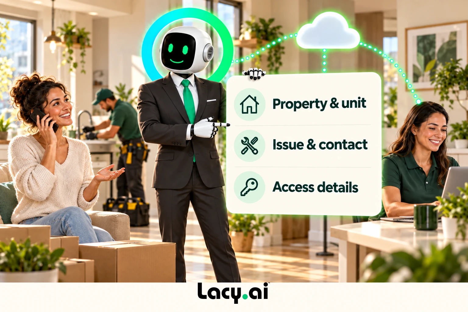 property intake: smiling Lacy robot connects a customer call to service details and the next action.